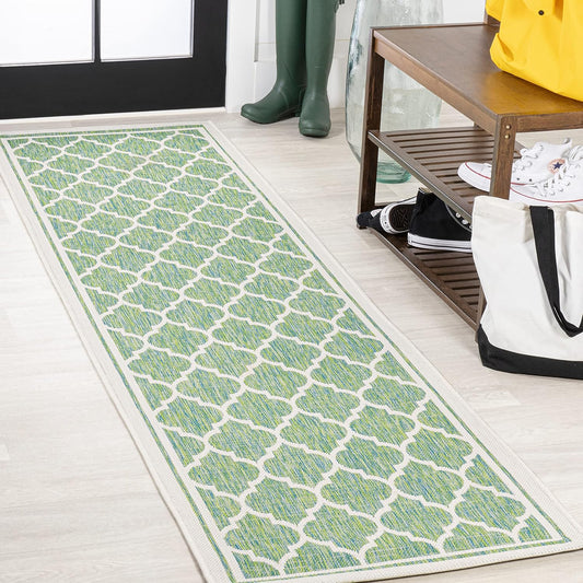 Eyely BMS109I-28 Santa Monica Trebol Moroccan Trellis Textured Weave Indoor/Outdoor Runner Rug Coastal;Bohemian, Bedroom, Backyard, Patio, Easy-Cleaning, Non-Shedding, 2 X 8, Cream/Green