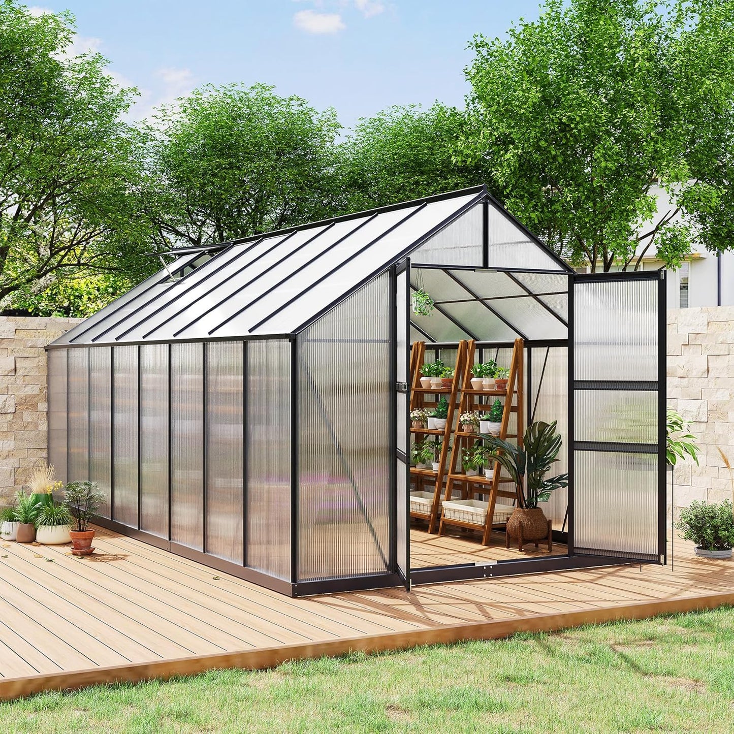 8*16 FT Outdoor Walk-in Greenhouse, Polycarbonate Green House, Heavy Duty Greenhouse with Vented Roof Window, Windproof Aluminum Frame, Suitable for Outside Gardening, Backyard, Patio