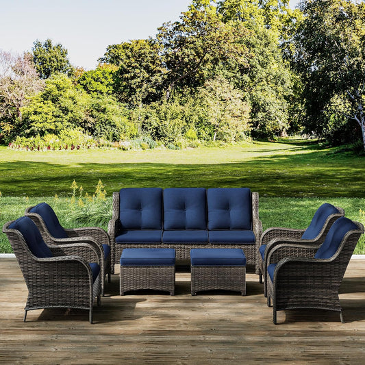 Joyside Wicker Patio Furniture Sets 7 Piece Set with One 3-Seat Sofa, Four Armchairs, Two Ottomans, Wicker Outdoor Furniture Sectional Conversation Set(Mixed Grey/Blue)