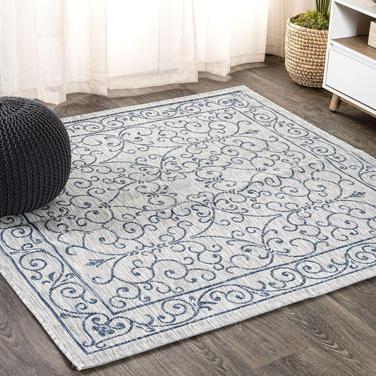 JONATHAN Y SMB106C-6SQ Charleston Vintage Filigree Textured Weave Gray/Navy 6' Square Indoor/Outdoor Area Rug, Pet Friendly, Non-Shedding, Stain Resistant, Easy-Cleaning for Backyard, Patio, Porch