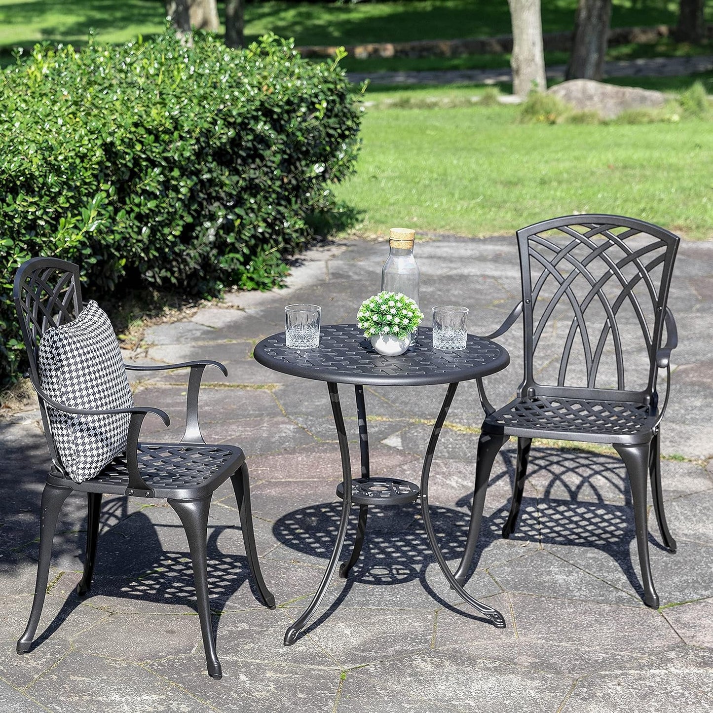 NUU GARDEN Patio Bistro Sets 3 Piece Cast Aluminum Bistro Table and Chairs Set with Umbrella Hole Bistro Set of 2 for Patio Backyard, Black
