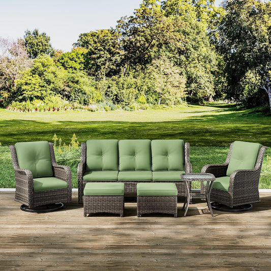 Joyside Wicker Patio Furniture Set 6 Piece Set with 1 Three-Seat Sofa, 2 Swivel Rocker Chairs, 2 Ottomans and 1 Side Table, Outdoor Furniture Patio Conversation Sets(Mixed Grey/Green)