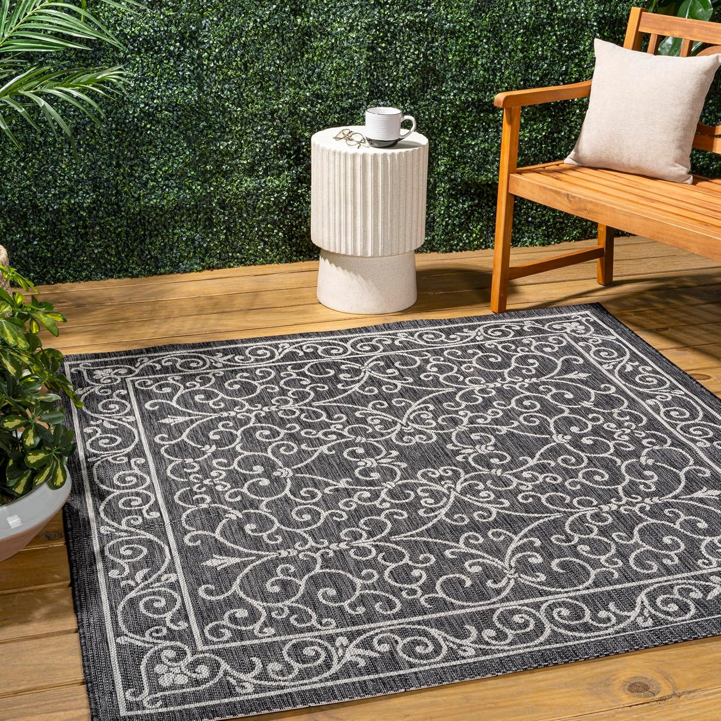 JONATHAN Y SMB106G-4SQ Charleston Vintage Filigree Textured Weave Black/Gray 4' Square Indoor/Outdoor Area Rug, Pet Friendly, Non-Shedding, Stain Resistant, Easy-Cleaning for Backyard, Patio, Porch