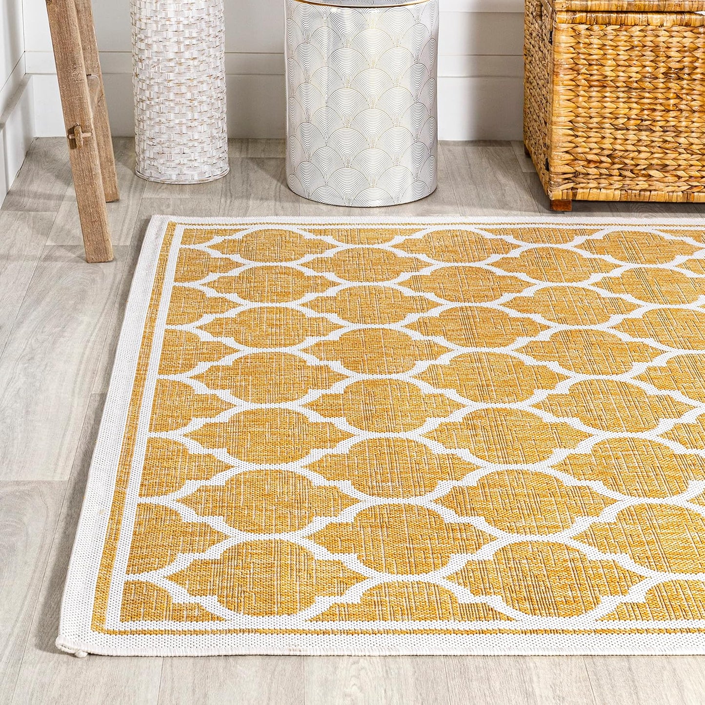 Eyely BMS109F-9 Santa Monica Trebol Moroccan Trellis Textured Weave Indoor/Outdoor Area Rug Coastal;Bohemian, Bedroom, Backyard, Patio, Easy-Cleaning, Non-Shedding, 9 X 12, Yellow/Cream