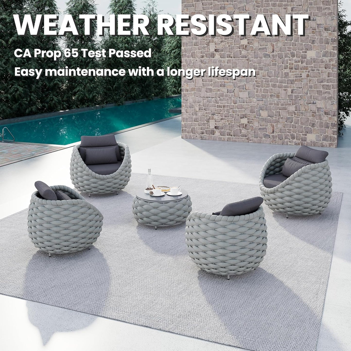 Front Porch Furniture 5 Piece Set: Aluminum Woven Rope Patio Conversation Sofa Set - Assembled Accent Chair Modern - Cushioned Armchair Couch Set for 400 lbs Deck Backyard Poolside Garden Hotel