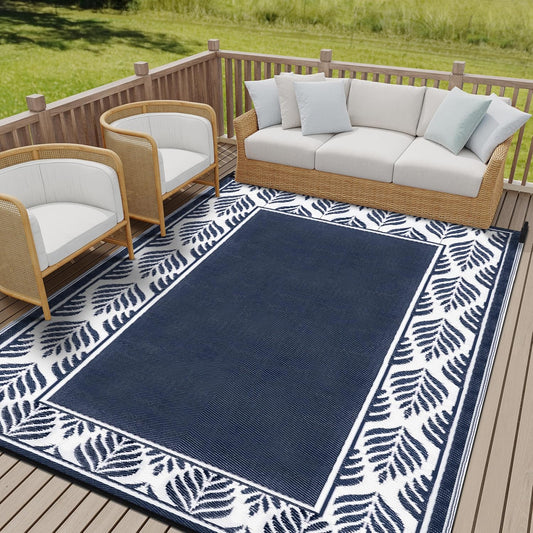 Outdoor Plastic Straw Rug, Waterproof Mat, Washable Large Floor Mat and Rug for Outdoors, RV, Beach, Patio, Camping, Backyard, Deck, Picnic, Outside (Olive-Leaf/Dark Blue&White,9x12ft)