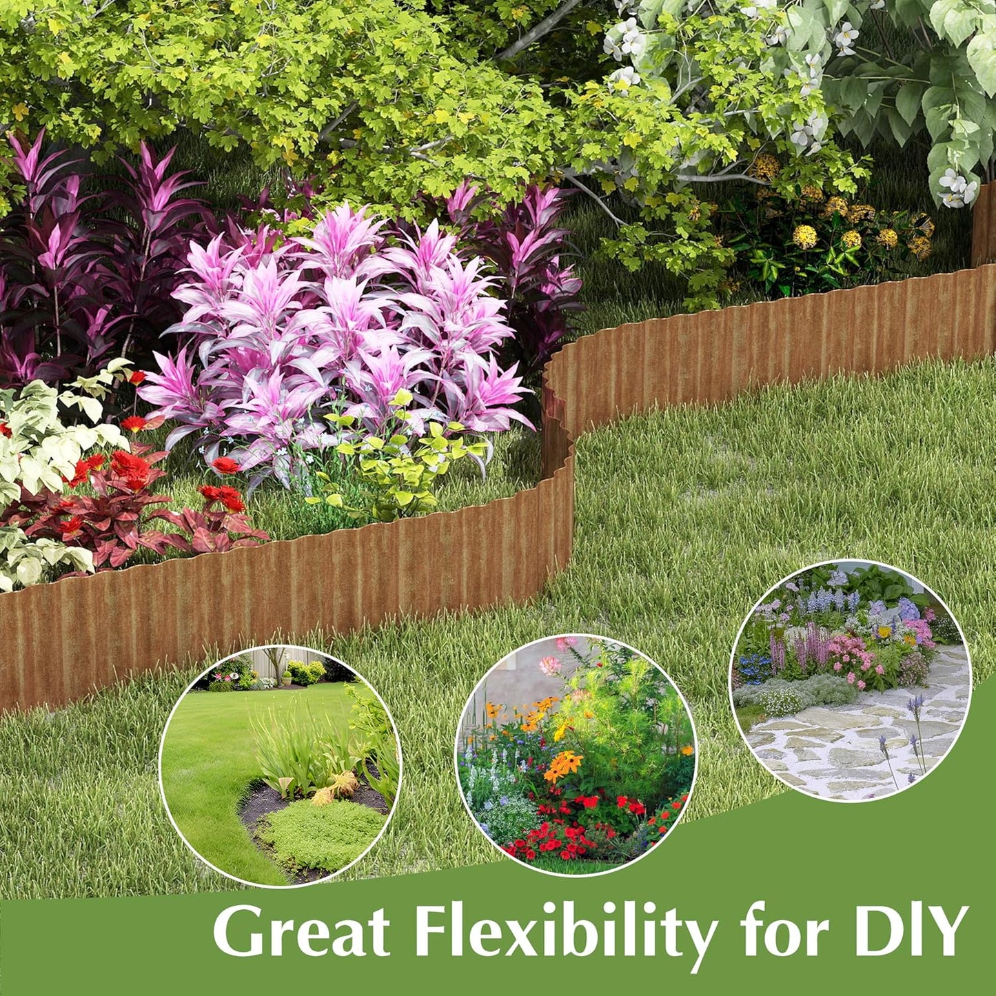 Metal Garden Edging Border, Corrugated Steel Landscaping, DIY for Lawn (Rusty, 10 Inch x 10FT)