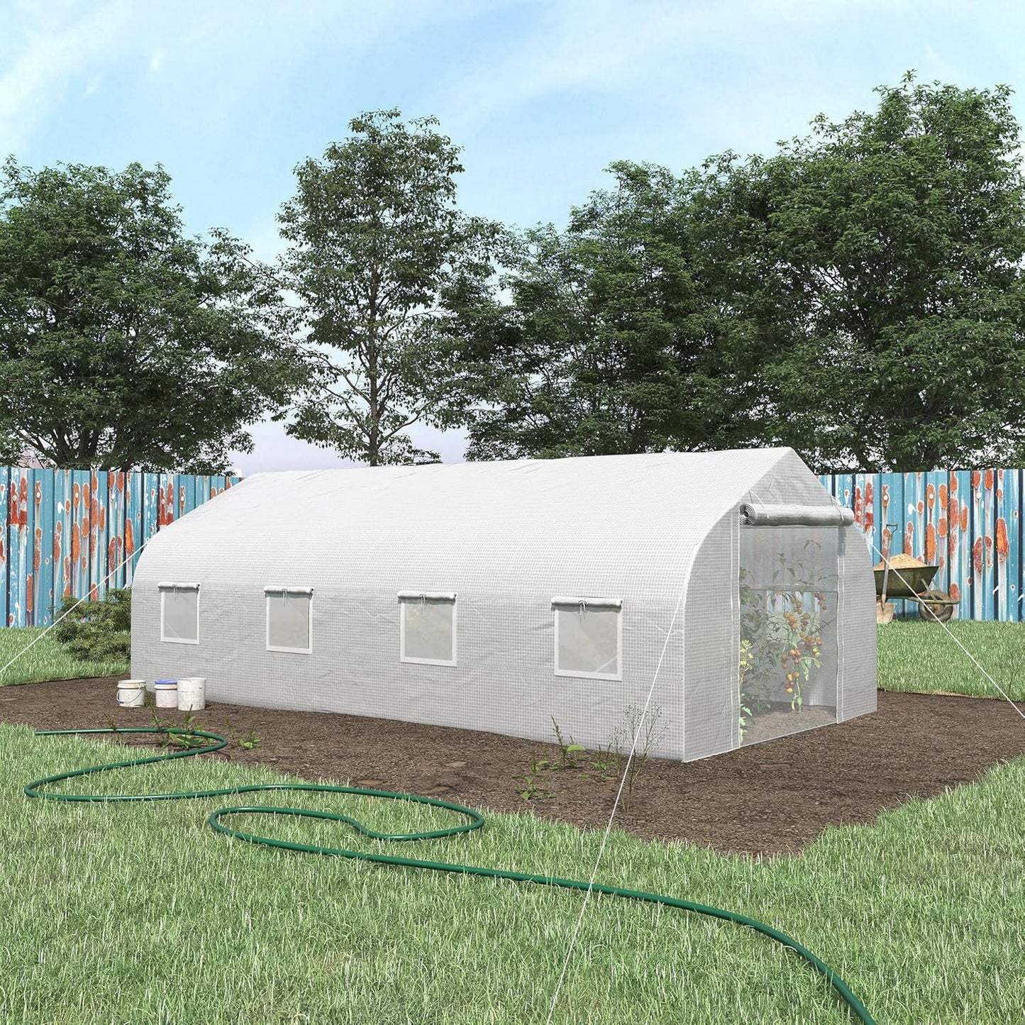 Outsunny 20' x 10' x 7' Walk-in Greenhouse, Tunnel Green House with Galvanized Steel Frame, Hoop House Kit with Zippered Door and 6 Windows, White