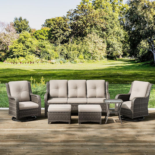Joyside Wicker Patio Furniture Set 6 Piece Set with 1 Three-Seat Sofa, 2 Swivel Rocker Chairs, 2 Ottomans and 1 Side Table, Outdoor Furniture Patio Conversation Sets(Mixed Grey/Beige)