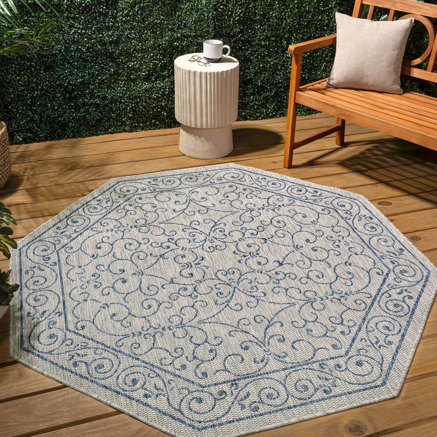 JONATHAN Y SMB106C-5TGN Charleston Vintage Filigree Textured Weave Gray/Navy 5' Octagon Indoor/Outdoor Area Rug, Non-Shedding, Stain Resistant,Fade Resistant, Easy-Cleaning for Backyard Patio, Porch