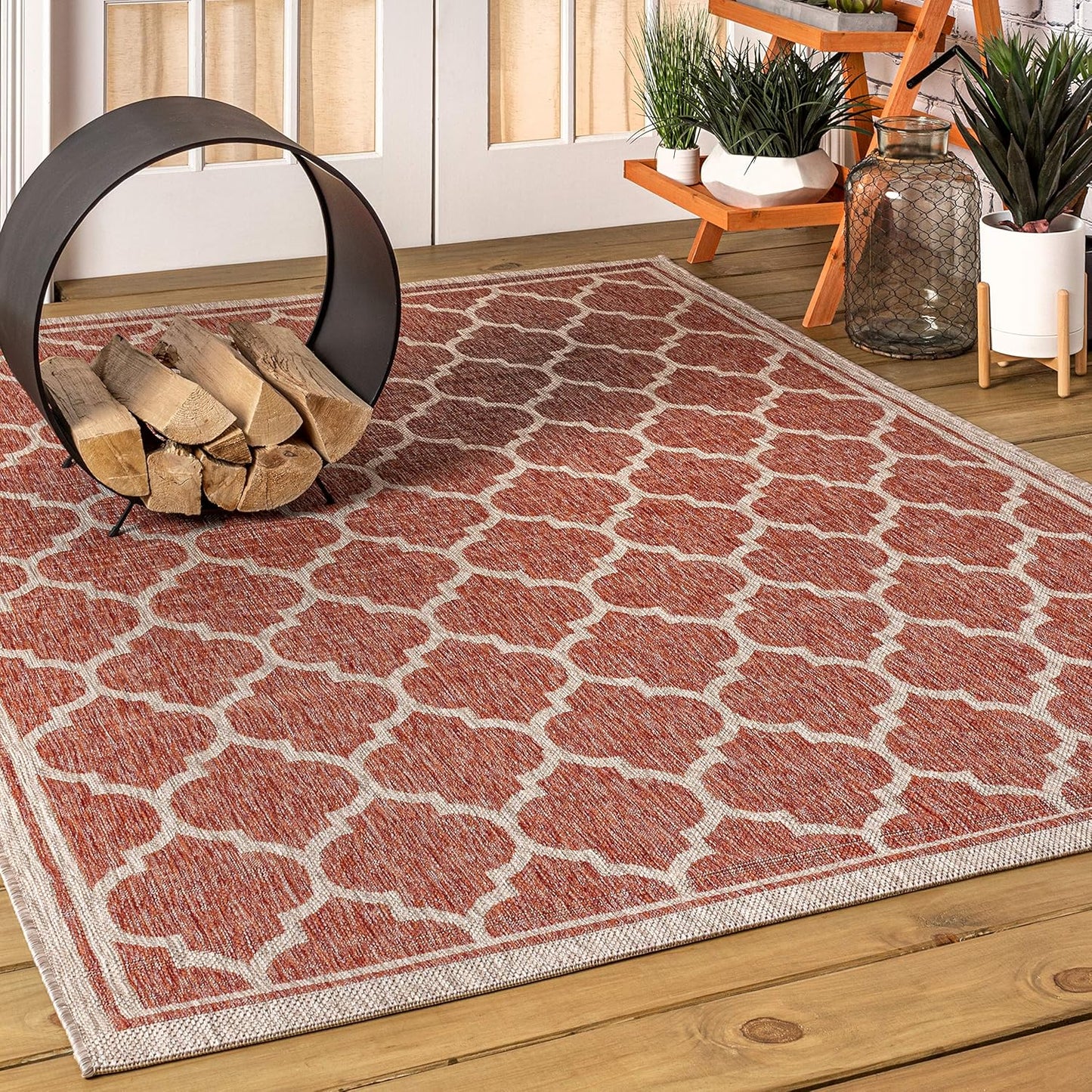Eyely BMS109C-8 Santa Monica Trebol Moroccan Trellis Textured Weave Indoor/Outdoor Area Rug Coastal;Bohemian, Bedroom, Backyard, Patio, Easy-Cleaning, Non-Shedding, 8 X 10, Red/Beige