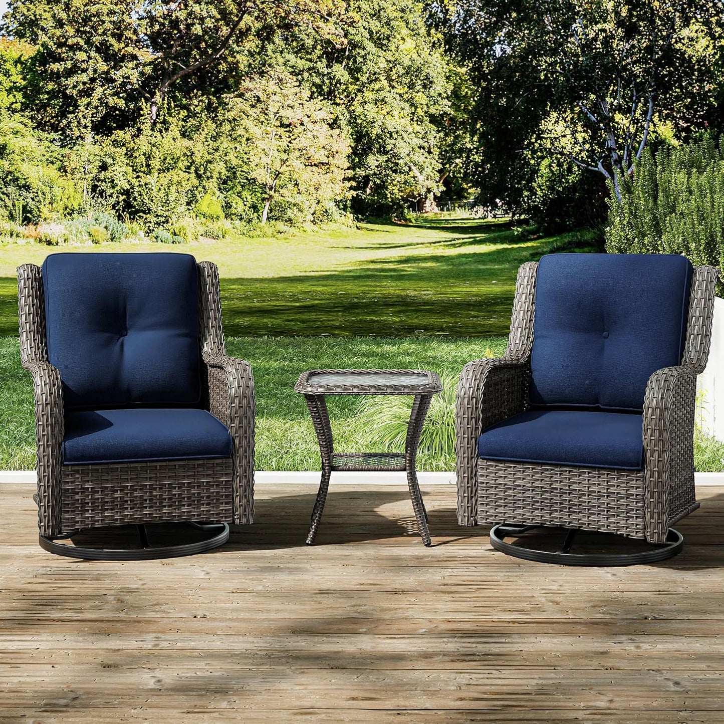 Joyside Outdoor Swivel Rocker Patio Chairs Set of 2 and Matching Side Table - 3 Piece Wicker Patio Bistro Set with Premium & Soft Fabric Cushions(Mixed Grey/Blue)