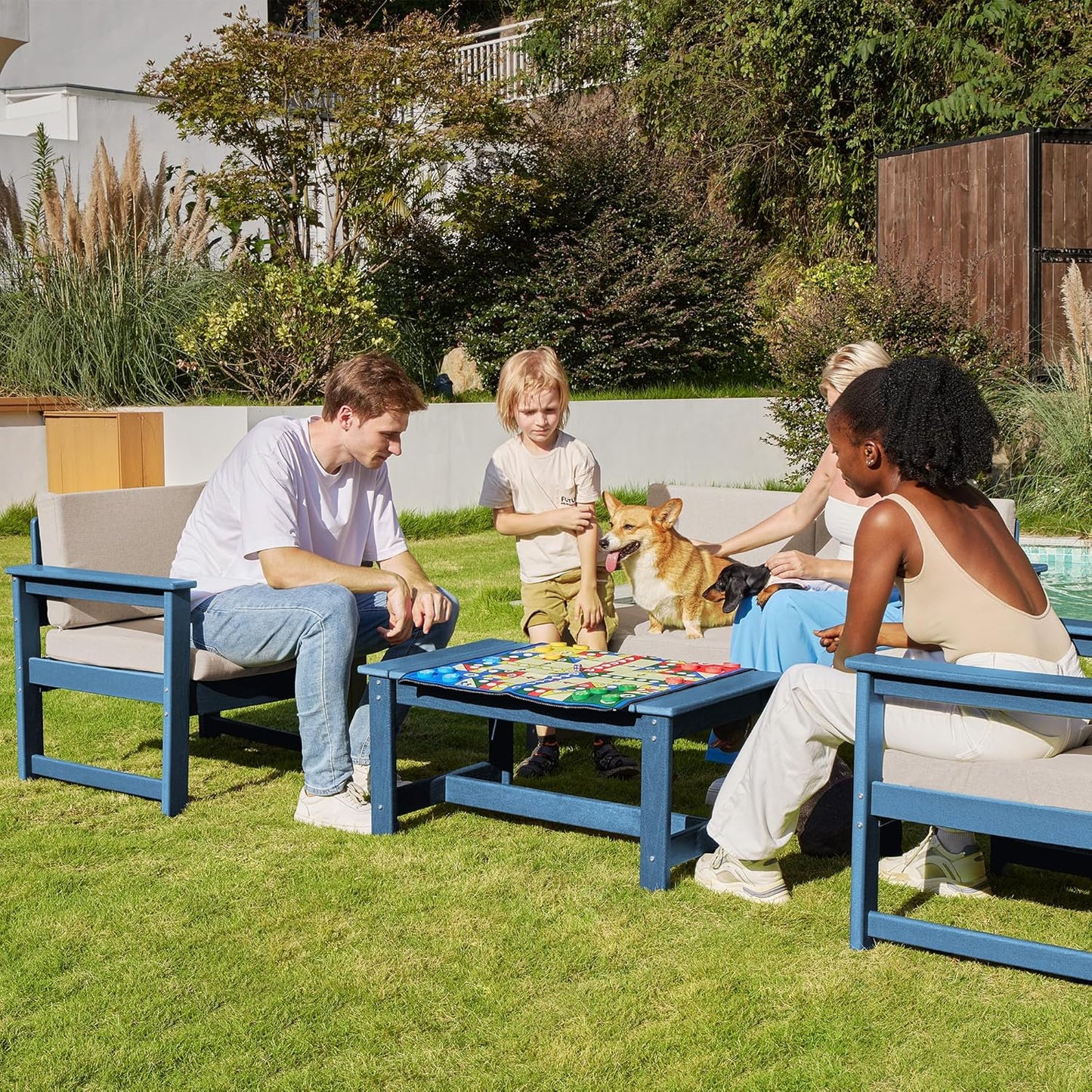 SERWALL 6 Pieces HDPE Outdoor Sofa Set with Cushions, Outdoor Conversation Couch Loveseat Furniture Set with Coffee Table for Balcony, Deck, Poolside, Black Frame with Khaki Cushions