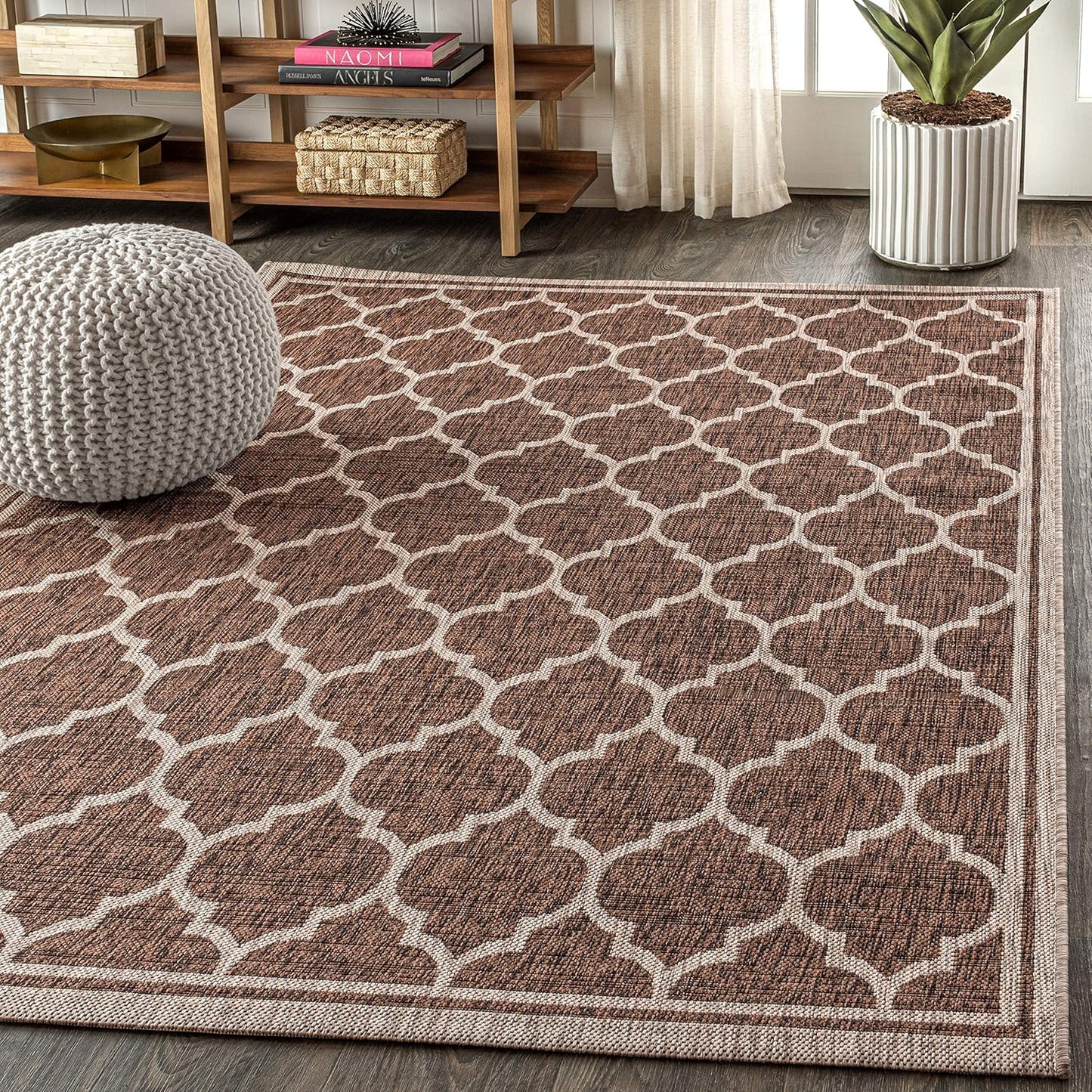 Eyely BMS109B-5 Santa Monica Trebol Moroccan Trellis Textured Weave Indoor/Outdoor Area Rug Coastal;Bohemian, Bedroom, Backyard, Patio, Easy-Cleaning, Non-Shedding, 5 X 8, Espresso/Taupe