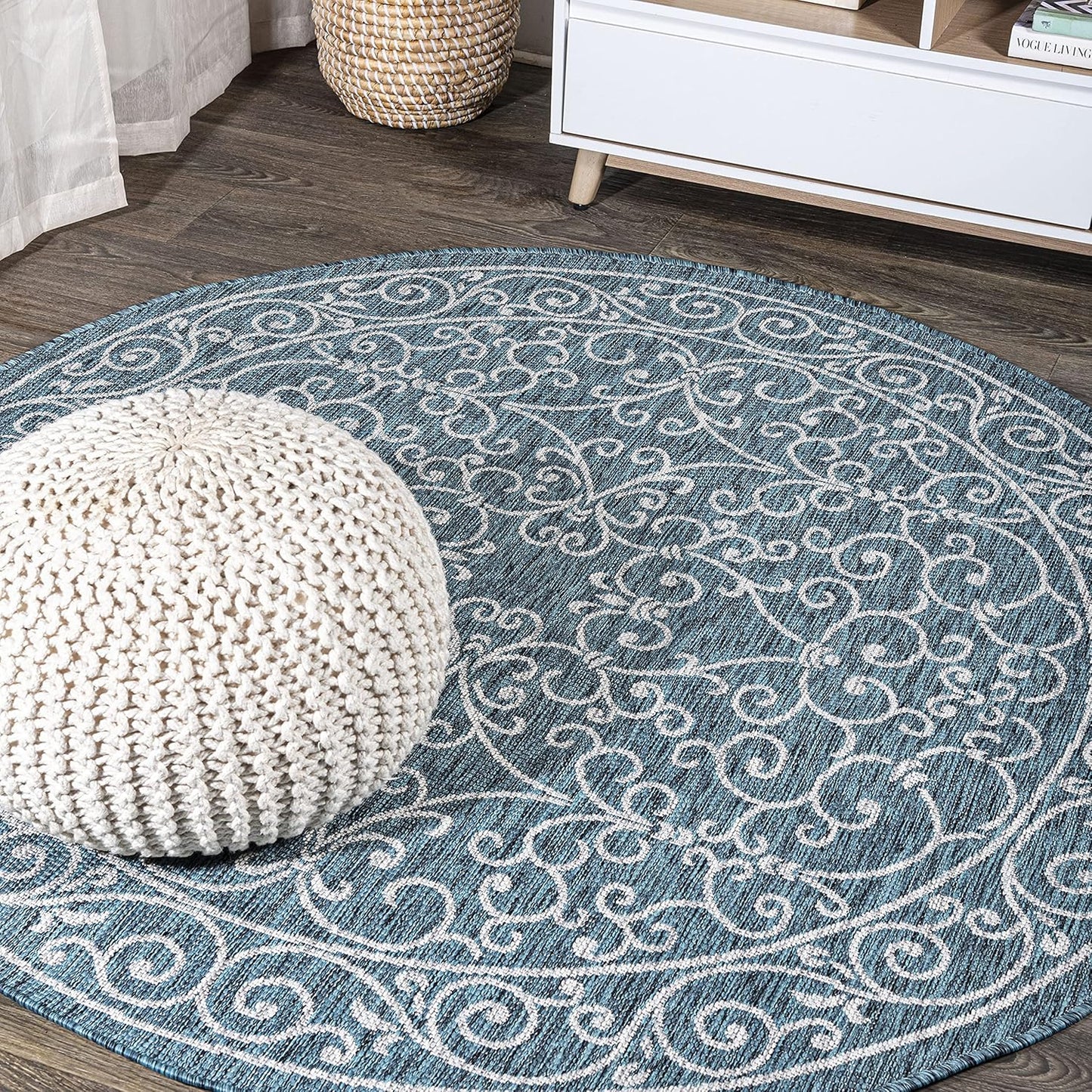 JONATHAN Y SMB106F-8R Charleston Vintage Filigree Textured Weave Teal/Gray 8' Round Indoor/Outdoor Area Rug, Pet Friendly, Non-Shedding, Stain Resistant, Easy-Cleaning for Backyard, Patio, Porch