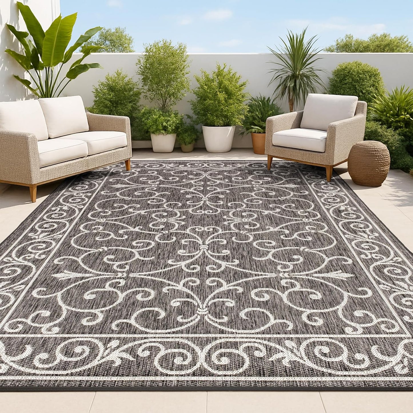 JONATHAN Y SMB106G-4 Charleston Vintage Filigree Textured Weave Indoor Outdoor Rug LivingRoom Backyard,4 X 6,Black/Gray