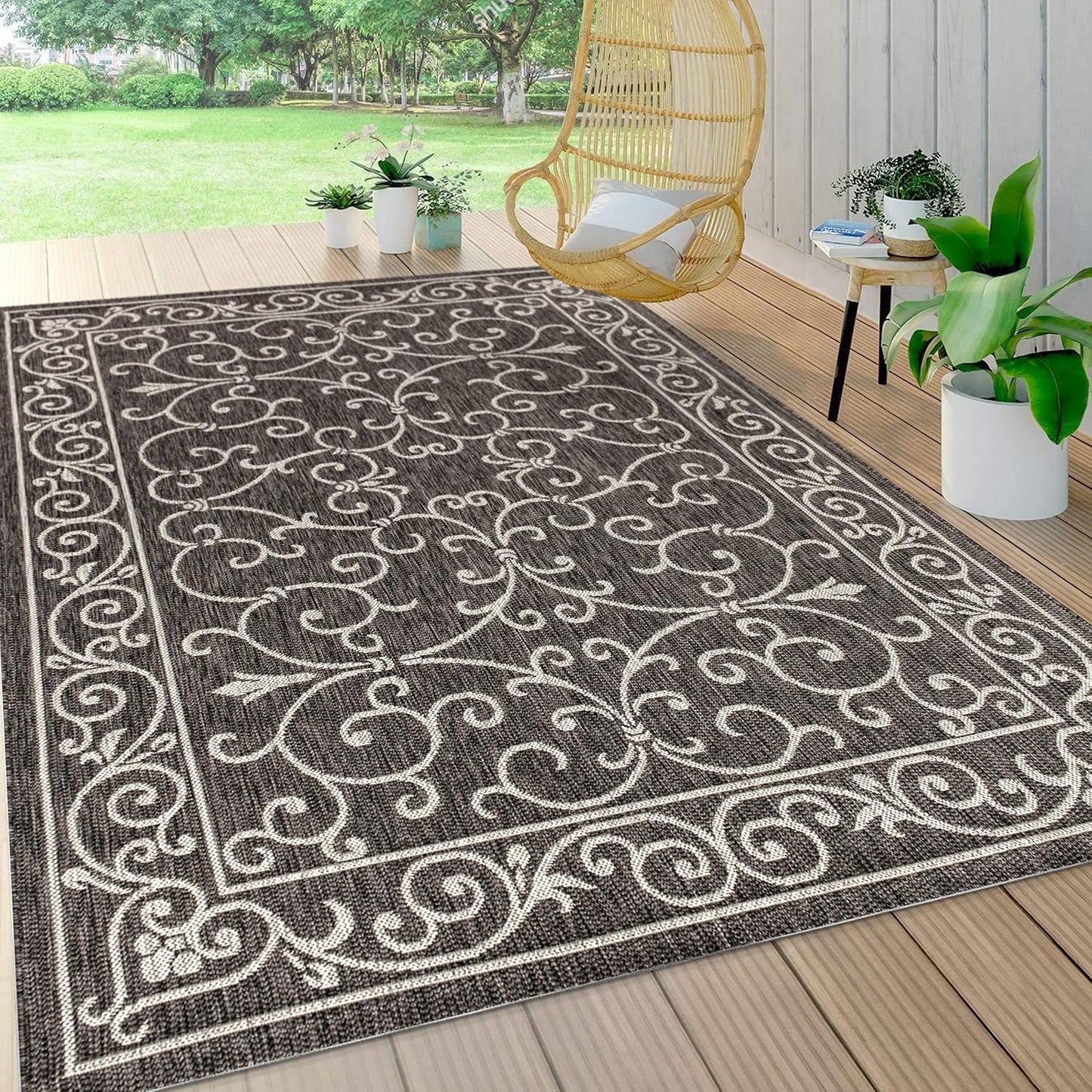 JONATHAN Y SMB106G-6 Charleston Vintage Filigree Textured Weave Black/Gray 6 ft. x 9 ft. Indoor/Outdoor Area Rug, Pet Friendly, Non-Shedding, Stain Resistant, Easy-Cleaning for Backyard, Patio, Porch